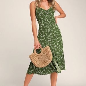 Missie Olive Green Floral Print Ruffled Tie-Back Midi Dress